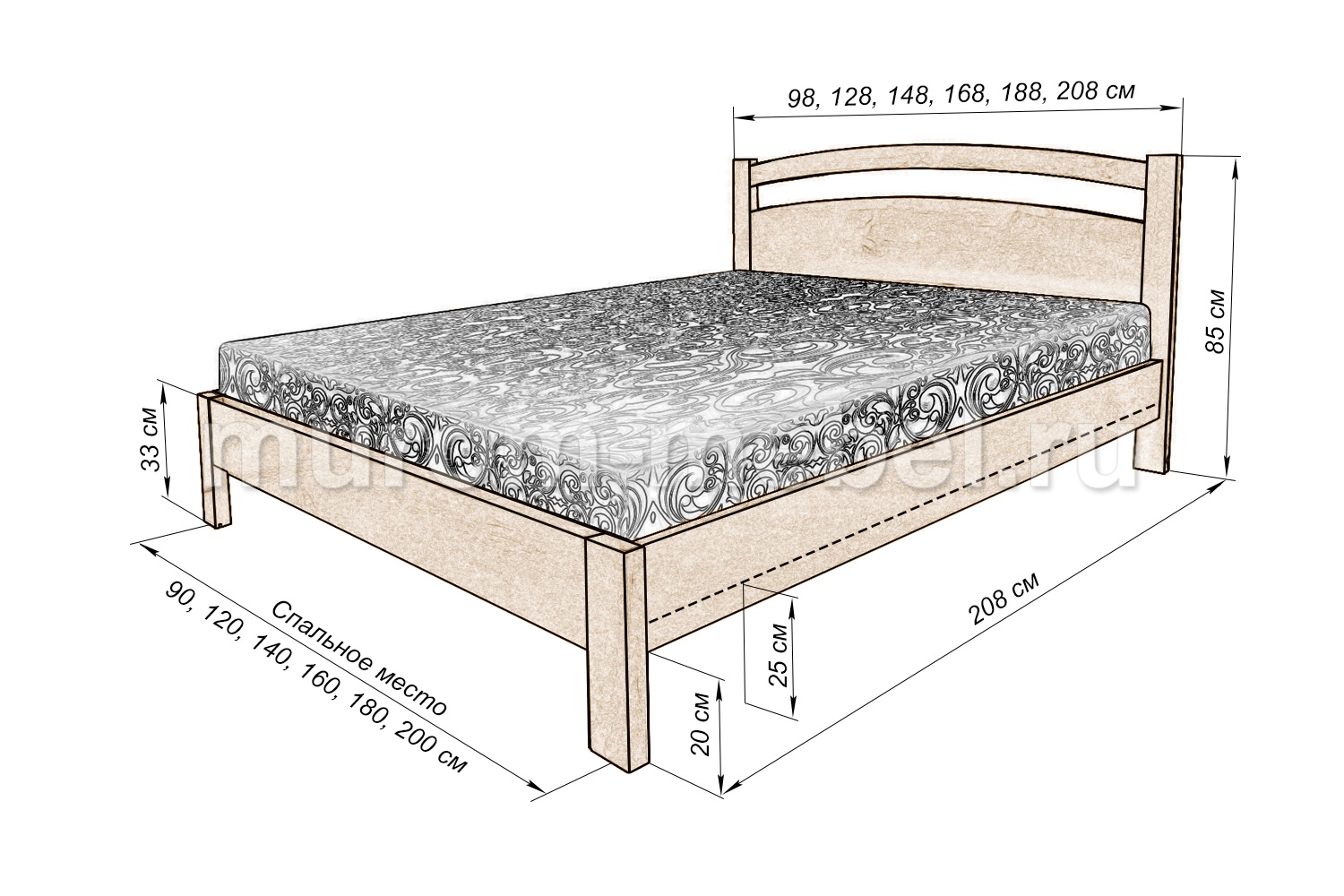Кровать 900х2000 из массива сосны чертеж